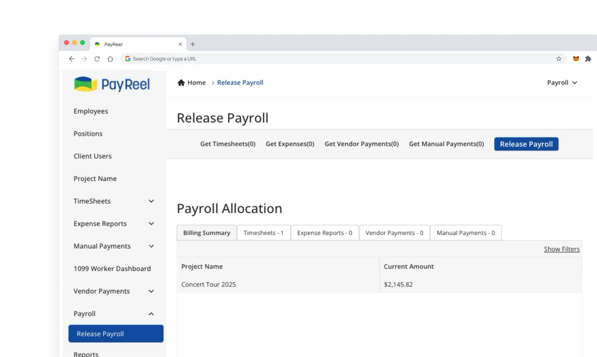 screenshot of release payroll dashboard