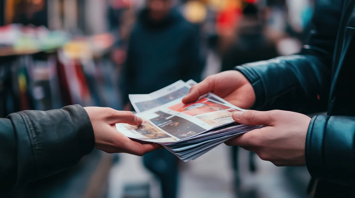 A person handing out leaflets on the street.